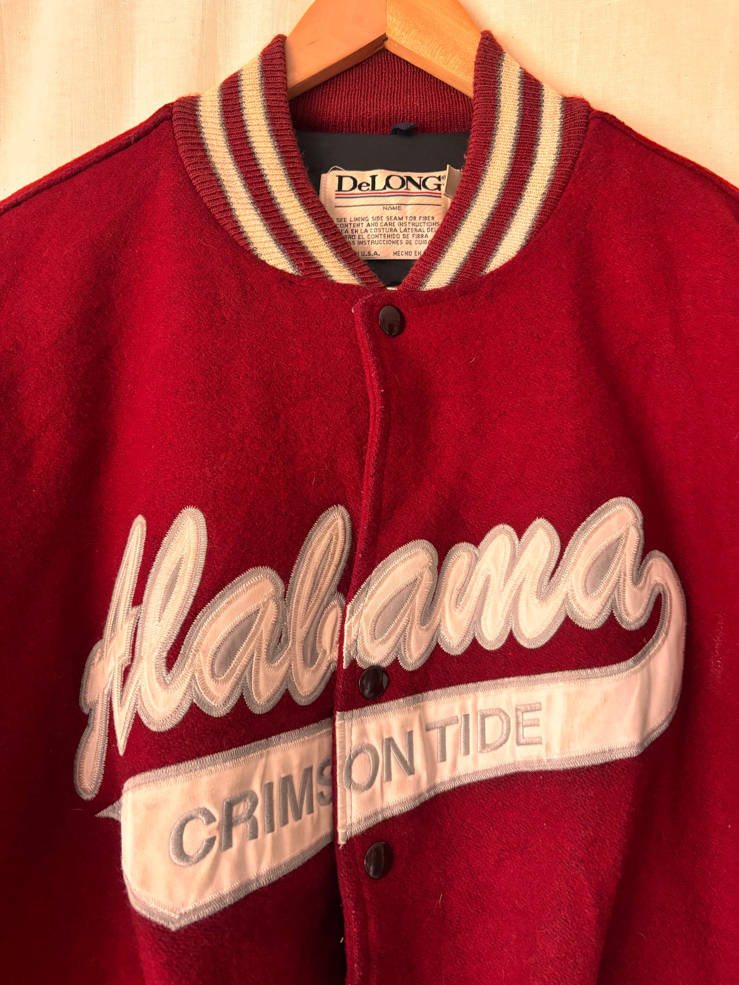 Vintage DeLONG Alabama Crimson Tide Varsity Jacket – Red Wool & White Vinyl Sleeves, USA Made