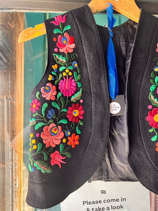 Vintage Hungarian Folk Embroidered Wool Vest