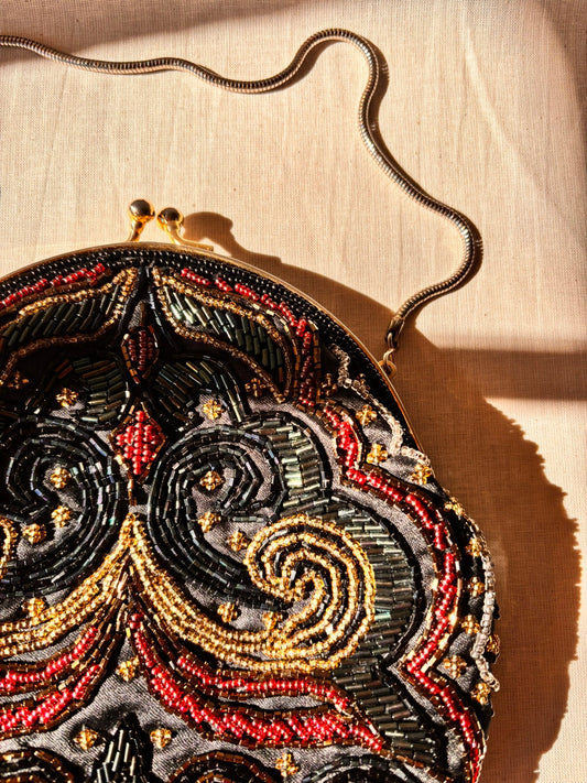 90s Beaded Evening Bag by Dolcis | Black Beaded Clutch with Chain Strap - I'd Wear That