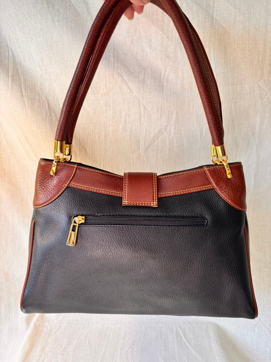 90s Black and Tan Spanish Leather Kelly Style Handbag - I'd Wear That