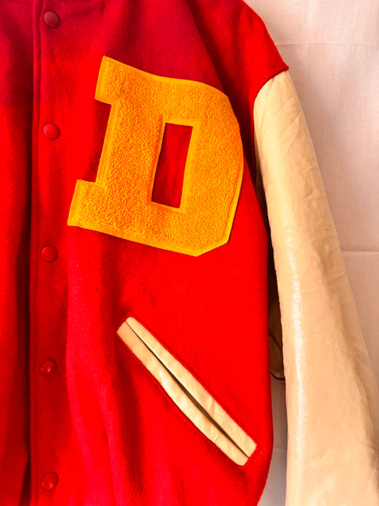 Vintage DeLONG Varsity Jacket – Red Wool & Vinyl Letterman Coat, USA Made, Size L