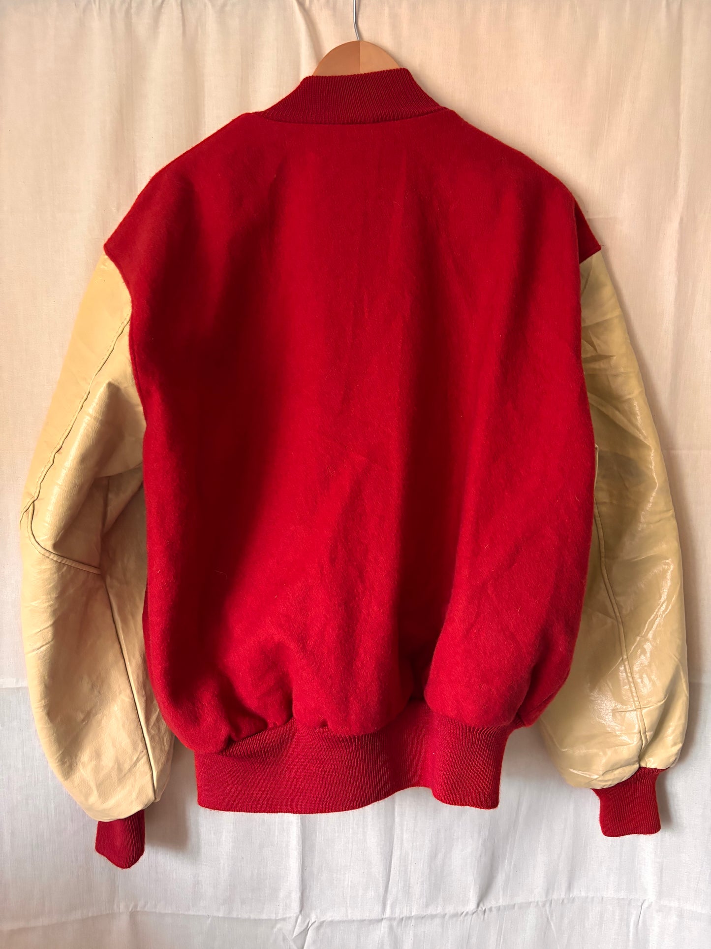 Vintage DeLONG Varsity Jacket – Red Wool & Vinyl Letterman Coat, USA Made, Size L
