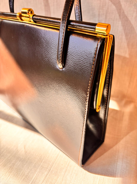 Vintage 1960s Chocolate Brown Leather Structured Handbag with Gold Frame