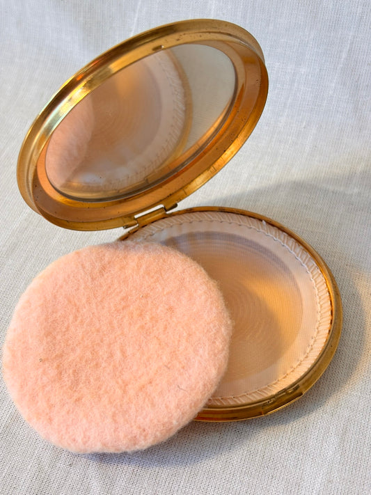 Vintage Crane Compact Mirror | 1950s–1960s Gold Tone Powder Compact with Original Puff
