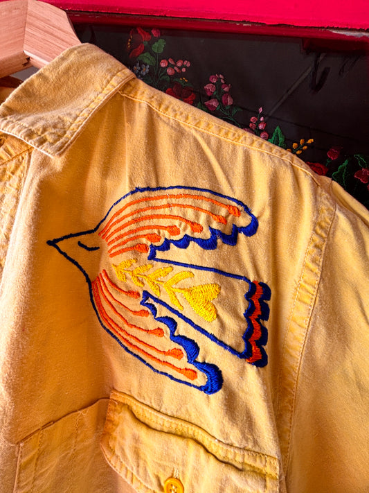 Yellow Hand Embroidered Folk Bird Shirt | One-of-a-Kind Upcycled Vintage Shirt