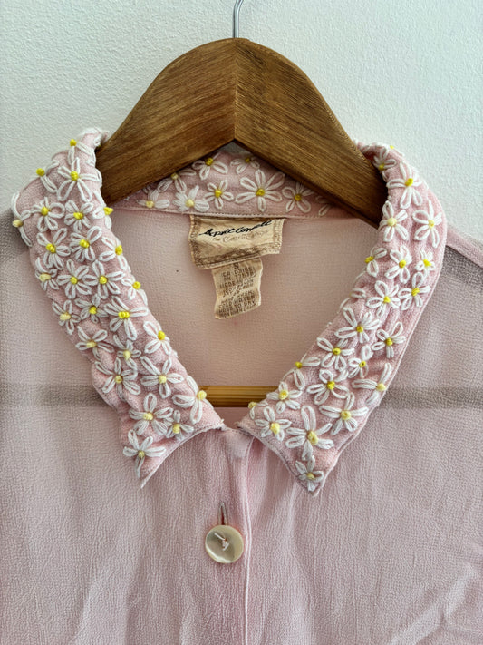90s Soft Pink Sheer Blouse with Hand-Embroidered Daisy Collar – Upcycled Vintage