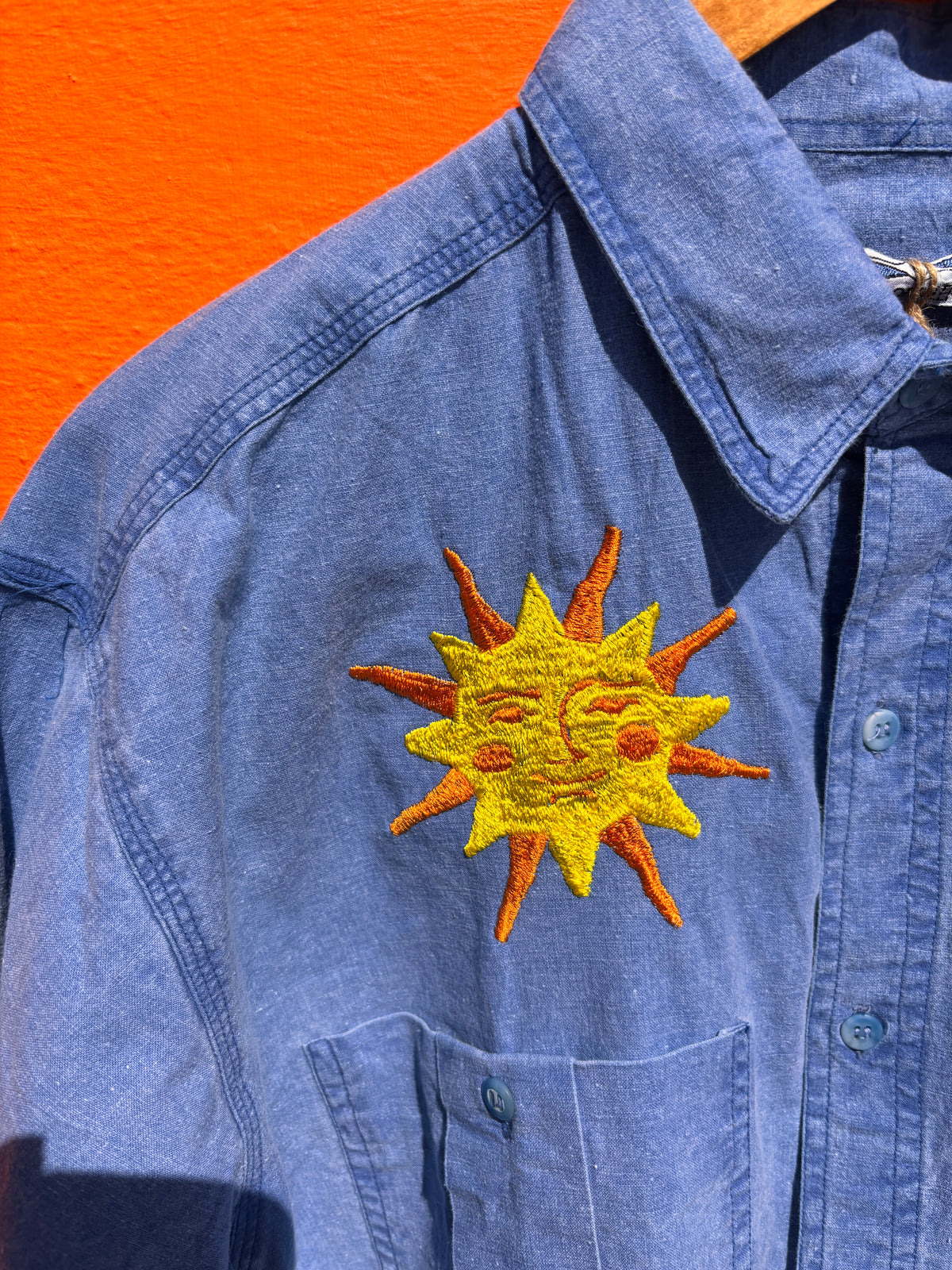Hand Embroidered Sun & Moon Shirt | One-of-a-Kind Celestial Wearable Art