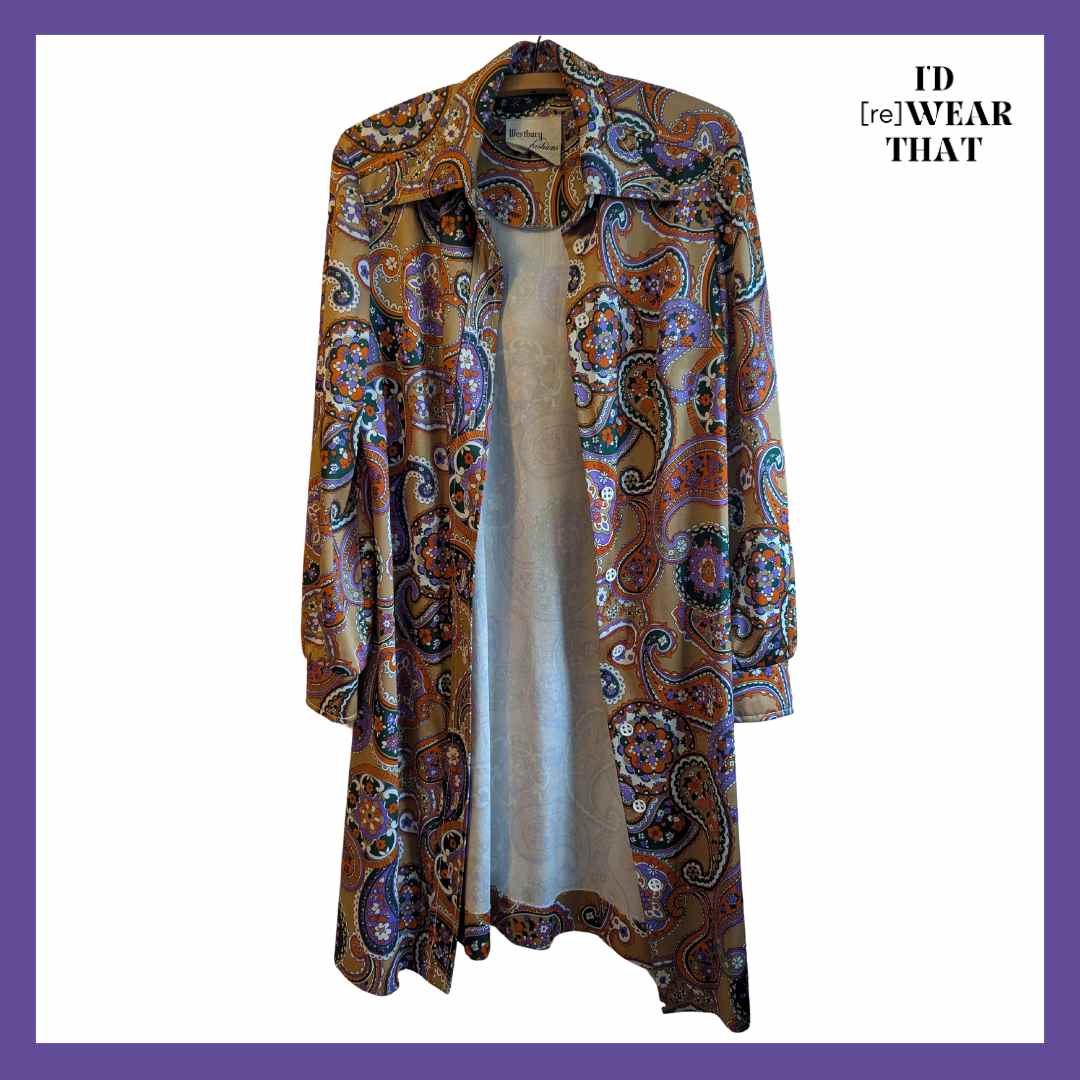Wear as a lightweight duster with buttons undone on 1970s vintage paisley shirt dress from Westbury Fashions