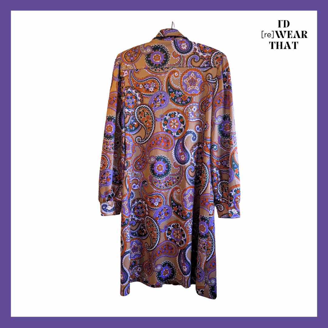 Back view of 1970s vintage paisley shirt dress from Westbury Fashions
