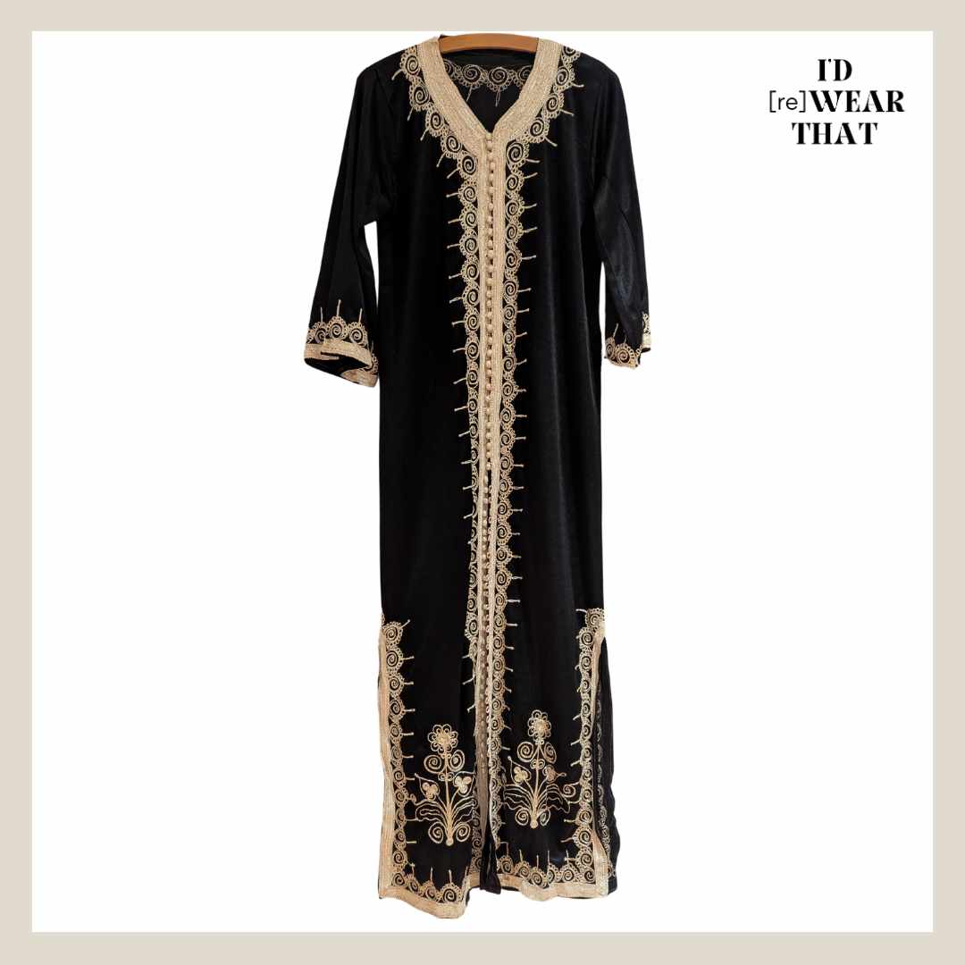 Front view of Vintage Black & Gold Embroidered Moroccan Kaftan