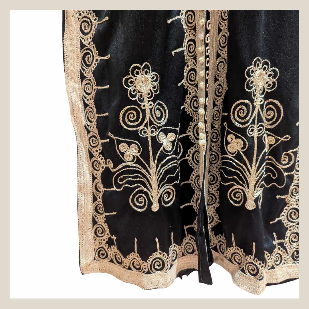 Embroidery detail on bottom and hem of Vintage Black & Gold Embroidered Moroccan Kaftan