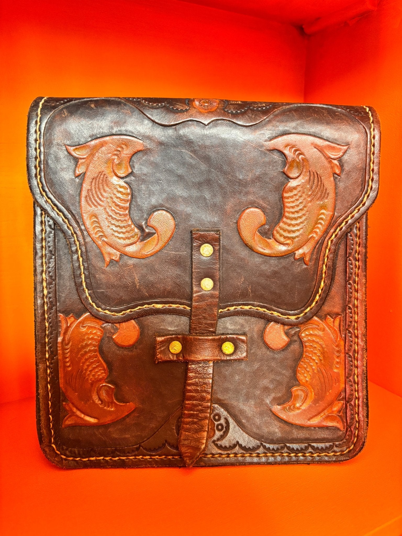 1970s Handcrafted Leather Satchel | Artisan Fish Motif Belt Bag - I'd Wear That