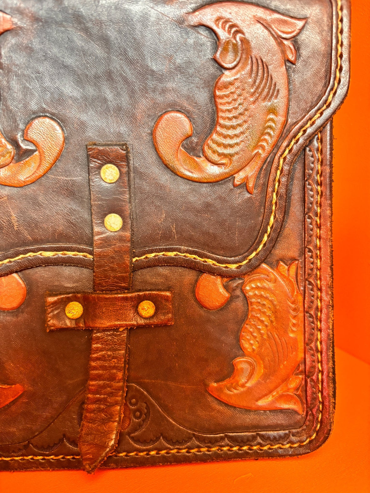 1970s Handcrafted Leather Satchel | Artisan Fish Motif Belt Bag - I'd Wear That