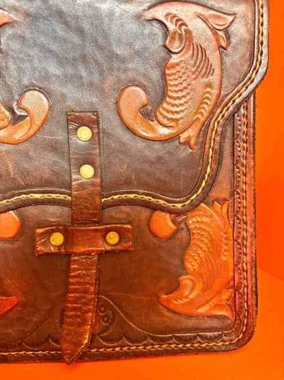 1970s Handcrafted Leather Satchel | Artisan Fish Motif Belt Bag - I'd Wear That