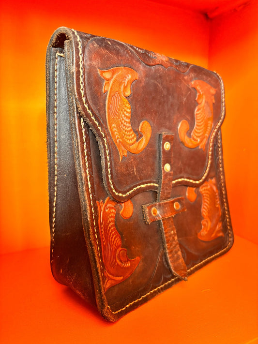 1970s Handcrafted Leather Satchel | Artisan Fish Motif Belt Bag - I'd Wear That
