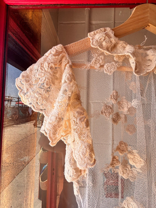 1990s Sheer Floral Embroidered Mesh Top | Romantic Lace Ruffle Blouse - I'd Wear That