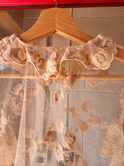 1990s Sheer Floral Embroidered Mesh Top | Romantic Lace Ruffle Blouse - I'd Wear That