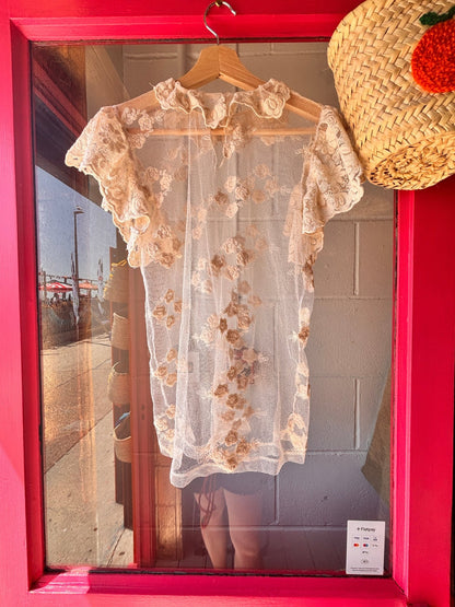 1990s Sheer Floral Embroidered Mesh Top | Romantic Lace Ruffle Blouse - I'd Wear That