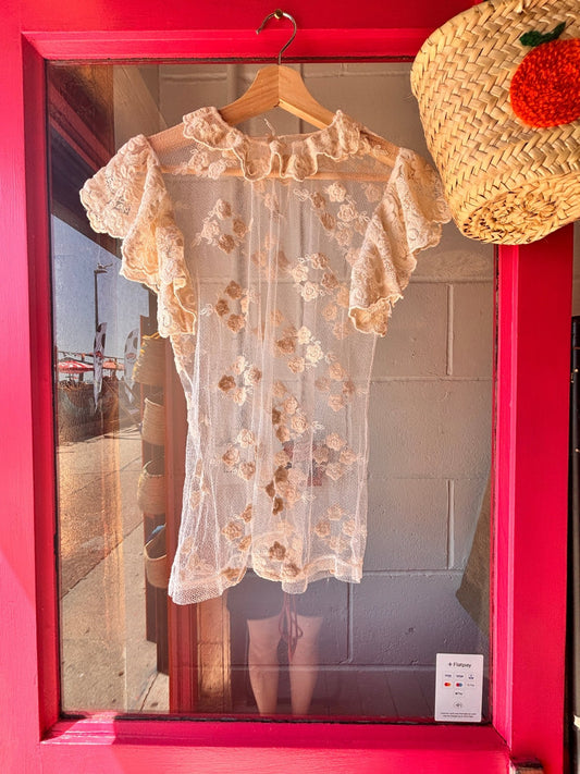 1990s Sheer Floral Embroidered Mesh Top | Romantic Lace Ruffle Blouse - I'd Wear That