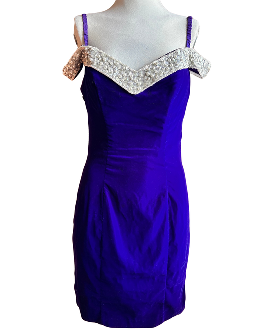 Vintage 1980s Zum Zum Purple Velvet Beaded Party Dress – Made in USA