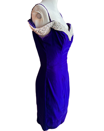 Vintage 1980s Zum Zum Purple Velvet Beaded Party Dress – Made in USA