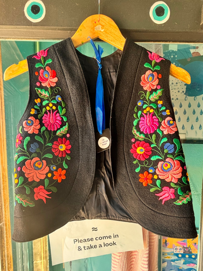 Vintage Hungarian Folk Embroidered Wool Vest