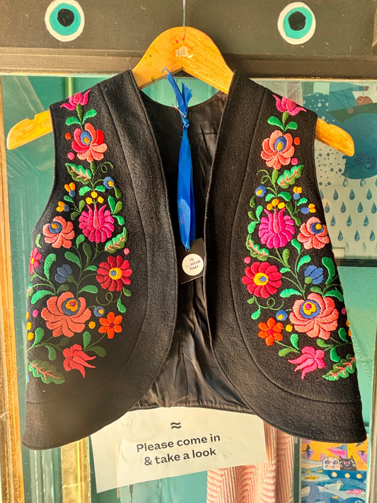Vintage Hungarian Folk Embroidered Wool Vest
