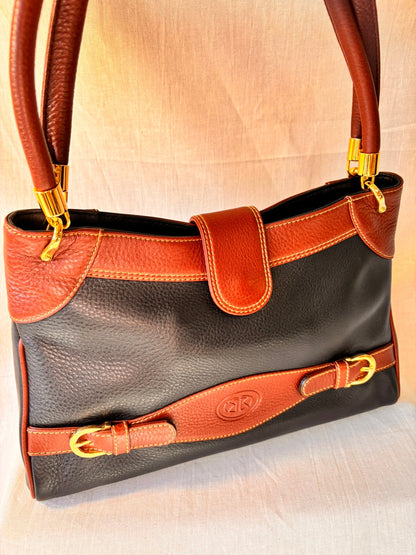 90s Black and Tan Spanish Leather Kelly Style Handbag - I'd Wear That