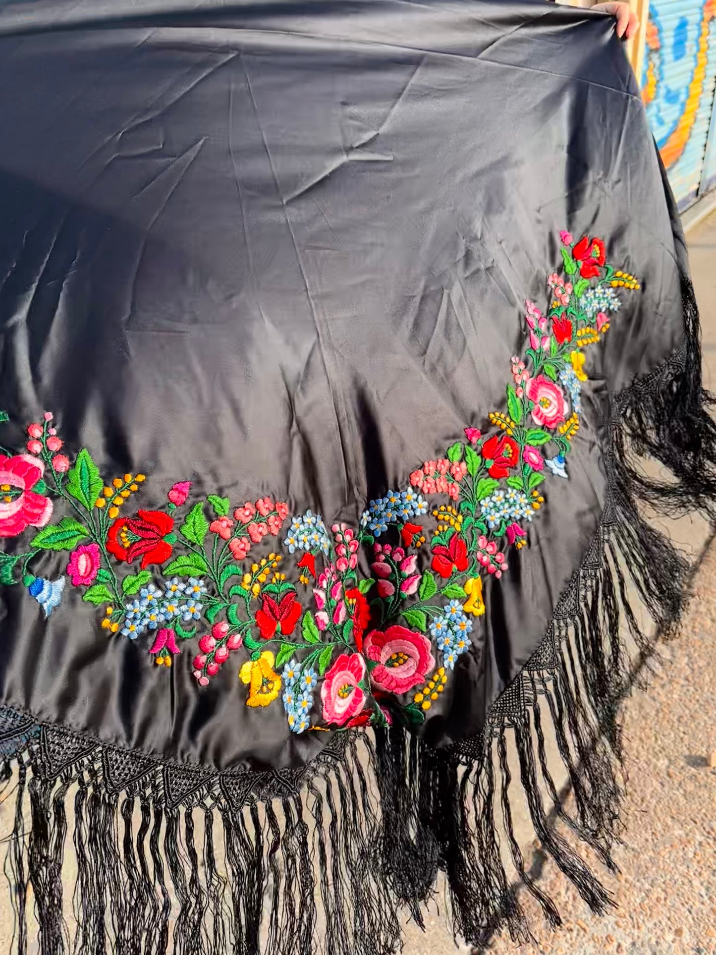 Vintage Hungarian Hand-Embroidered Shawl – Black Satin with Floral Folk Embroidery (1980s)