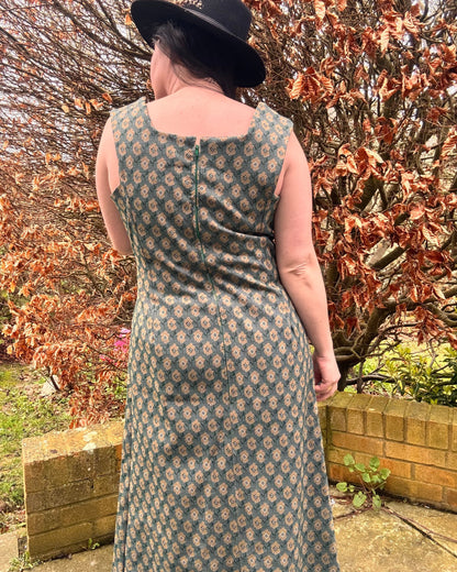 back view of I'd Wear That, Vintage 1970s Handmade Green Maxi Dress