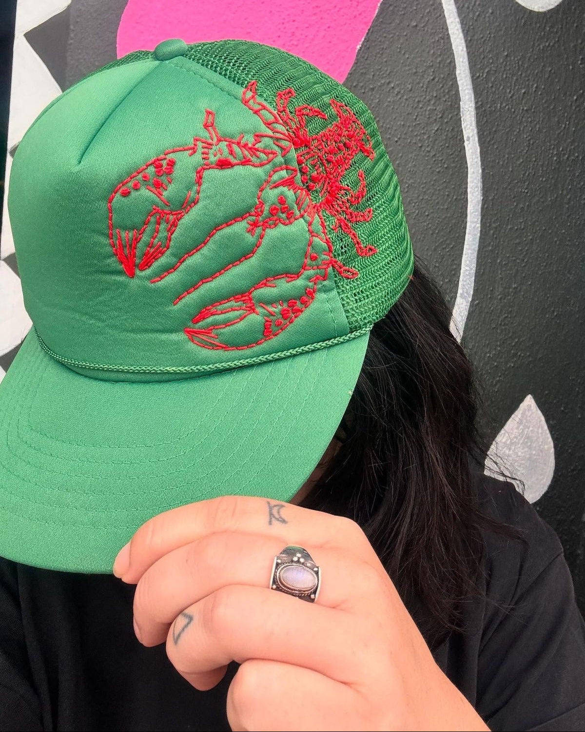 Upcycled Green Trucker Cap with Hand-Embroidered Lobster