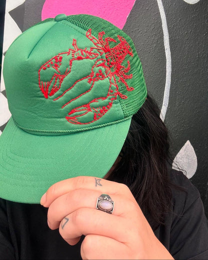 Upcycled Green Trucker Cap with Hand-Embroidered Lobster