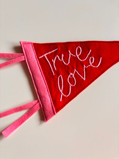 Red felt banner with pink trim and embroidered text, 'True love'