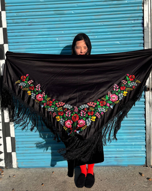 Person holding a black shawl with floral embroidery in front of a colorful wall.