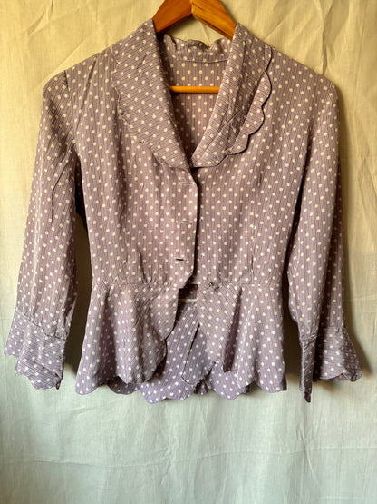 Ensemble deux pièces violet à pois, fait main, années 1940 – Rare, tour de taille 53 cm