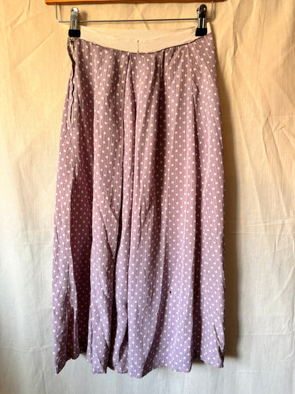 Ensemble deux pièces violet à pois, fait main, années 1940 – Rare, tour de taille 53 cm