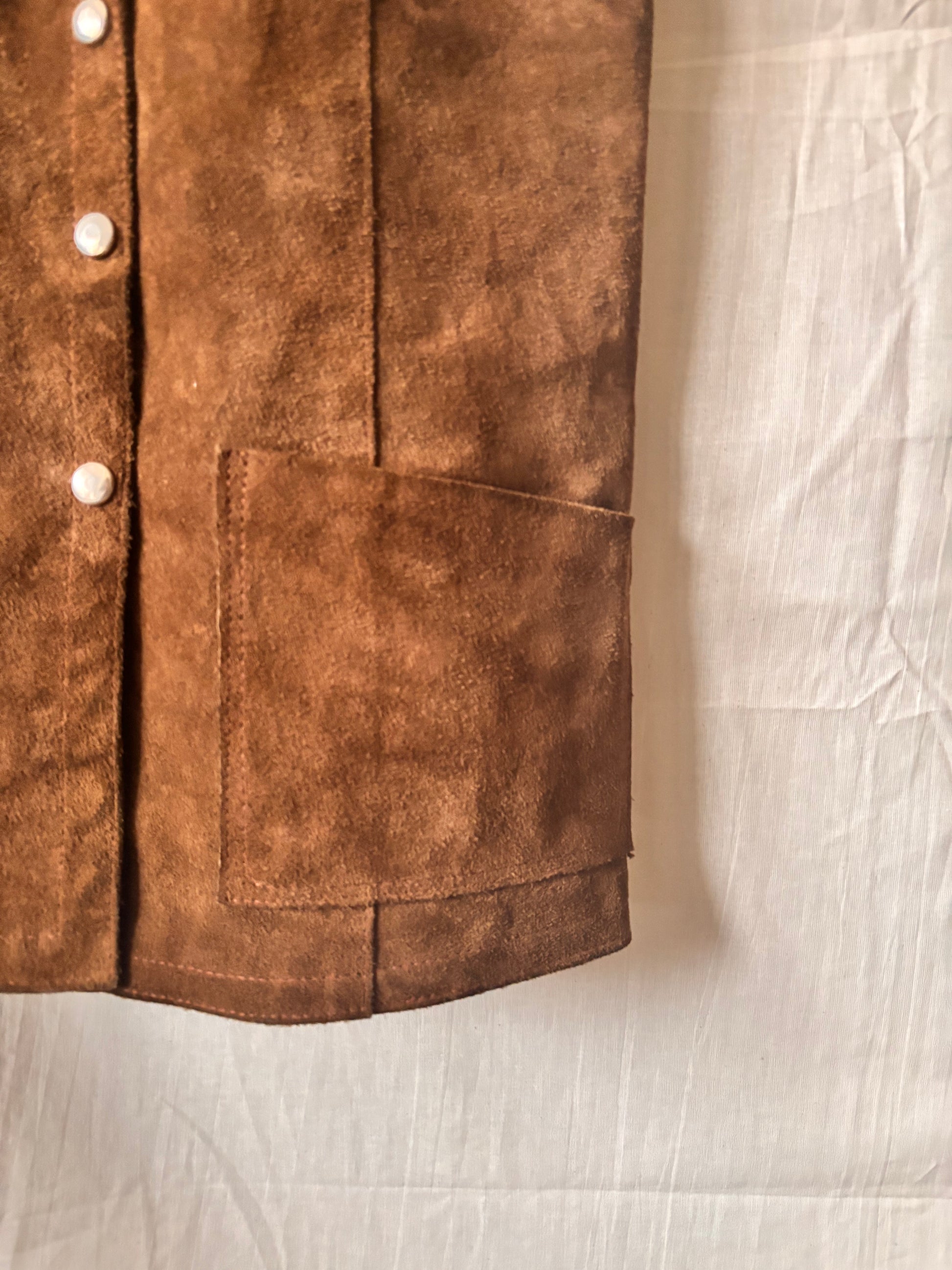 close up of pocket detail of Vintage 1970s Brown Suede Waistcoat