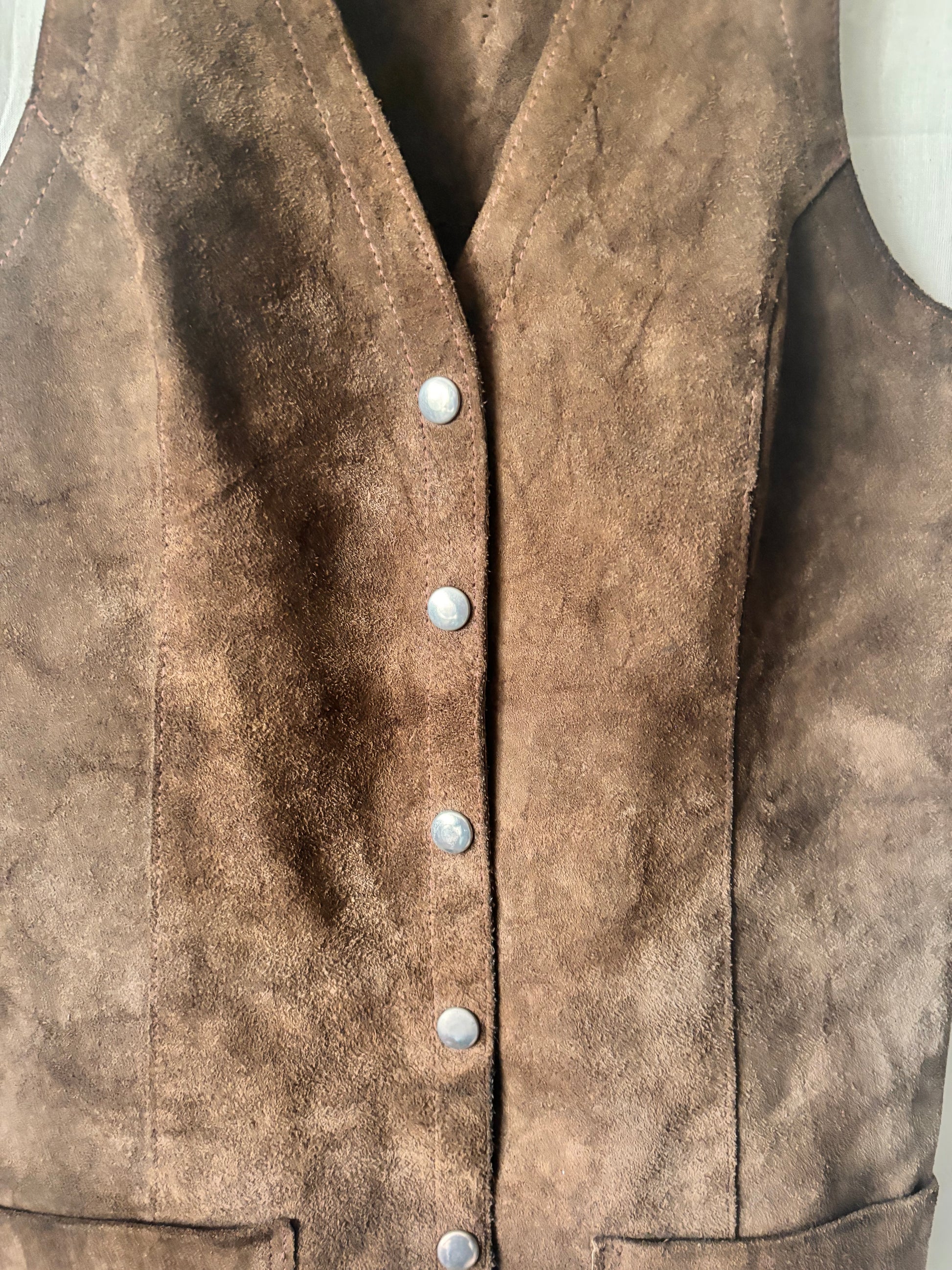 close up of Vintage 1970s Brown Suede Waistcoat