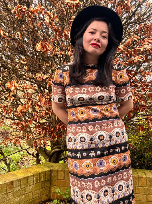 Brown 1970s Short Sleeved Boho Maxi Dress