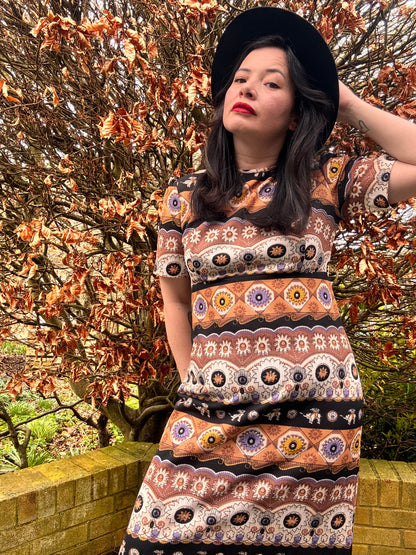 Brown 1970s Short Sleeved Boho Maxi Dress