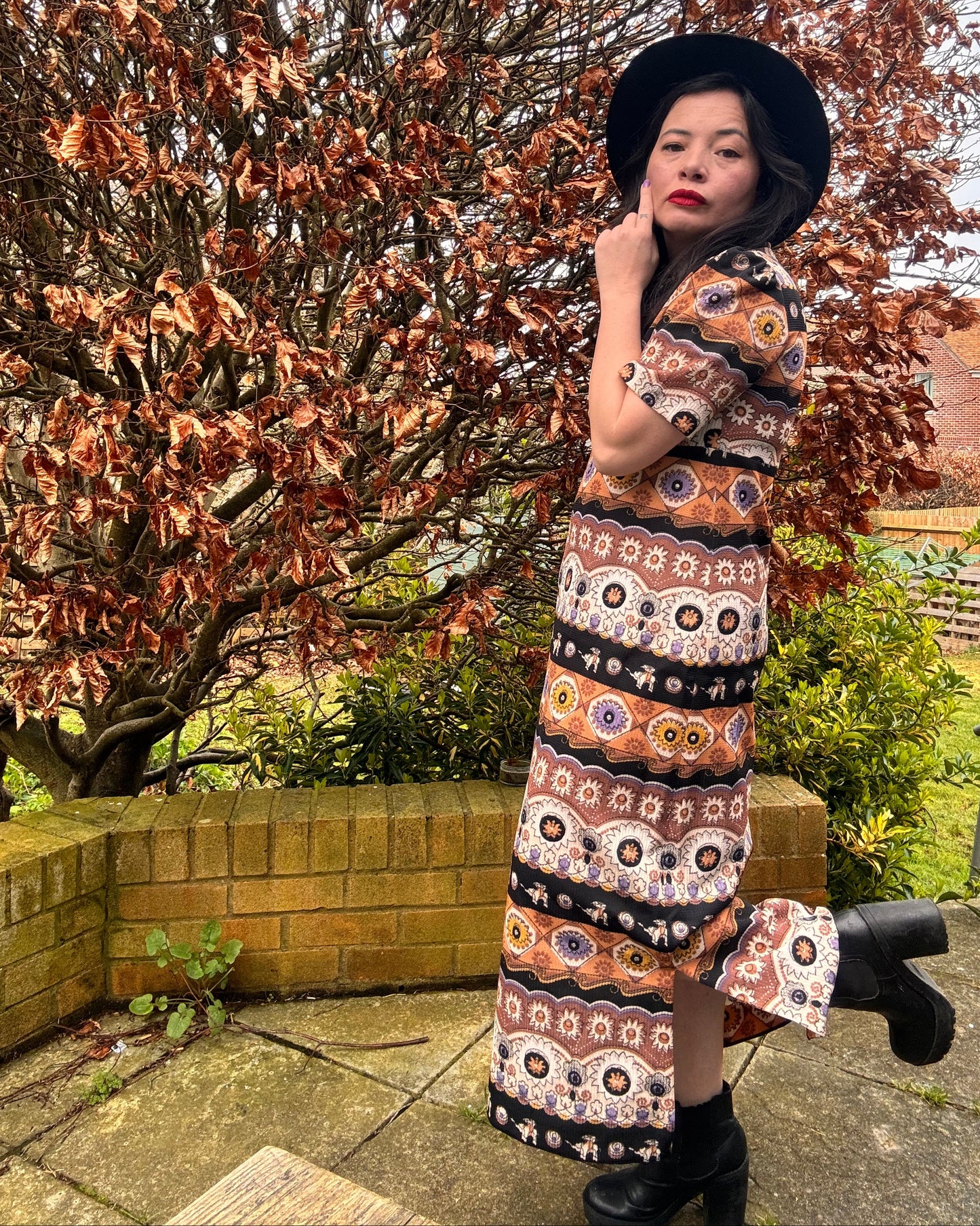 Vintage 1970s Printed Maxi Dress – Boho Folk Pattern