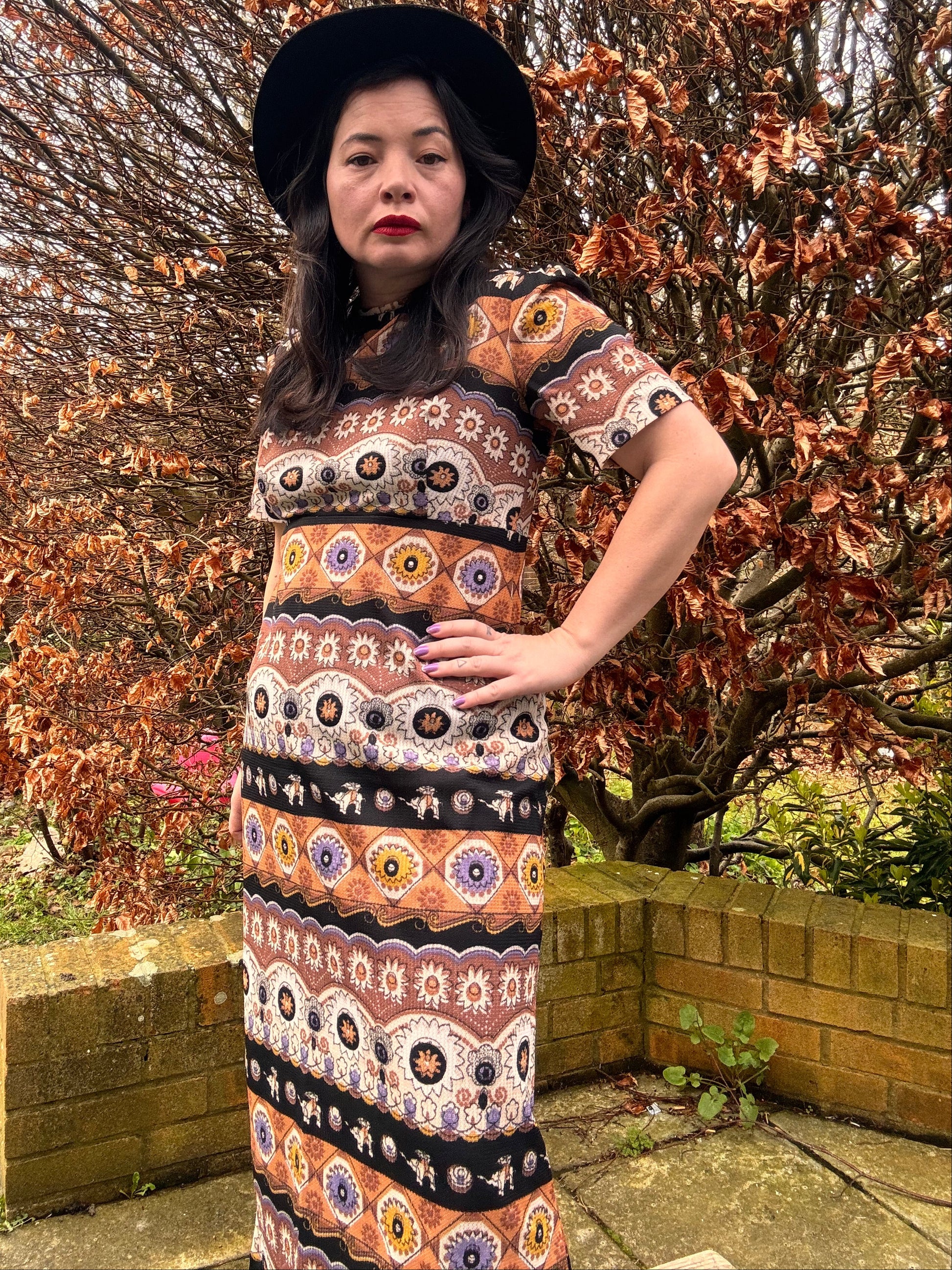 Vintage 1970s Printed Maxi Dress – Boho Folk Pattern