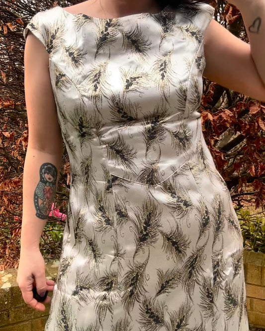 Vintage Silver Brocade Cocktail Dress with Feather Motif