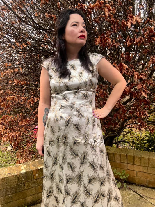 Vintage Silver Brocade Cocktail Dress with Feather Motif