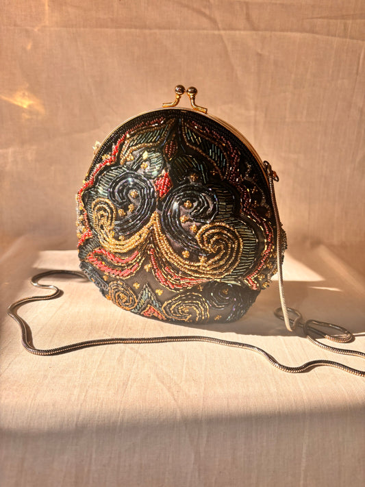 Vintage 90s Beaded Evening Bag by Dolcis | Black Beaded Clutch with Chain Strap