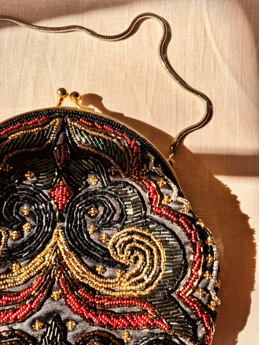 Vintage 90s Beaded Evening Bag by Dolcis | Black Beaded Clutch with Chain Strap