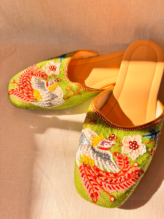 Vintage Green Beaded Chinese Slippers | Never Worn