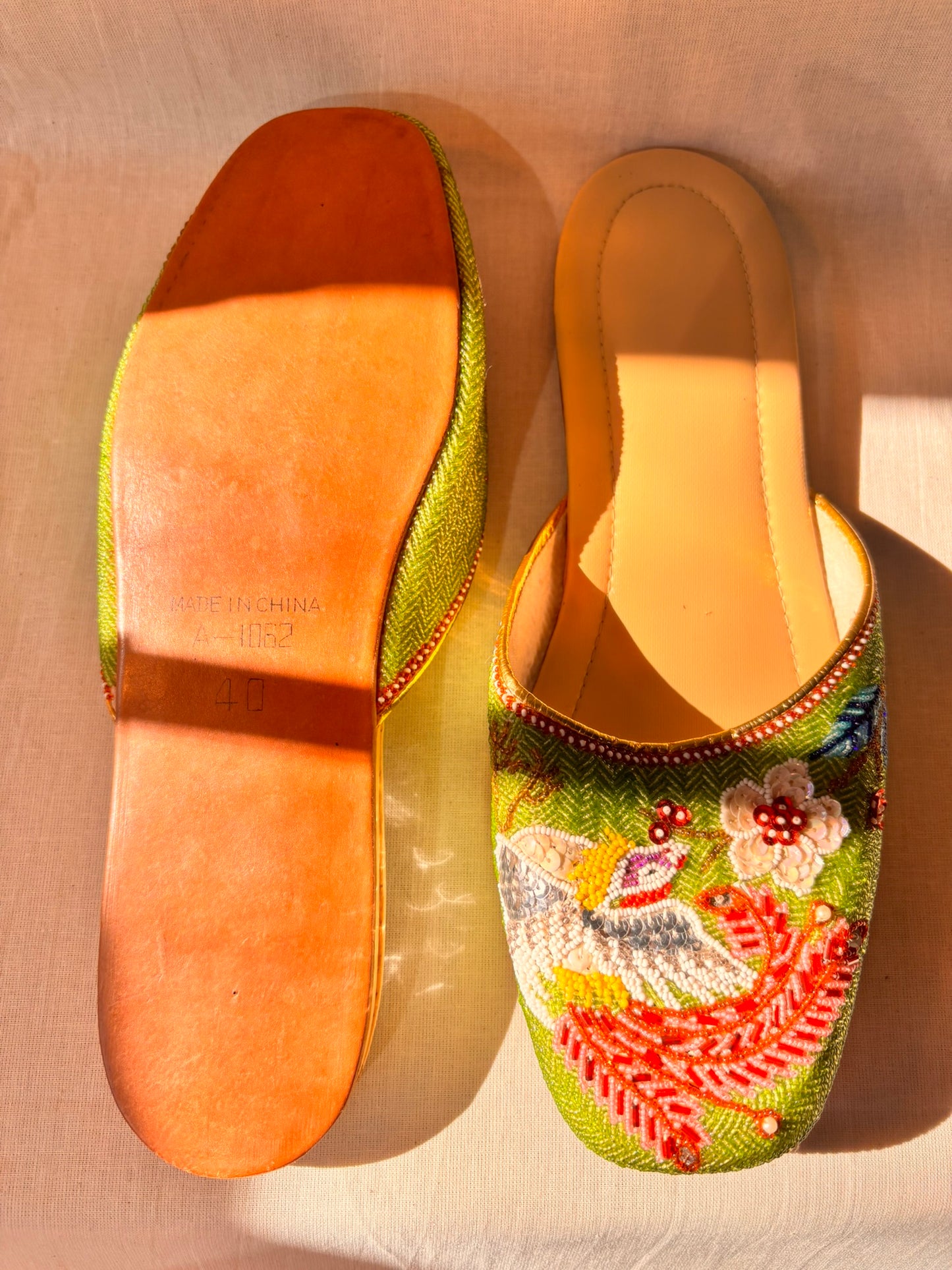 Vintage Green Beaded Chinese Slippers | Never Worn