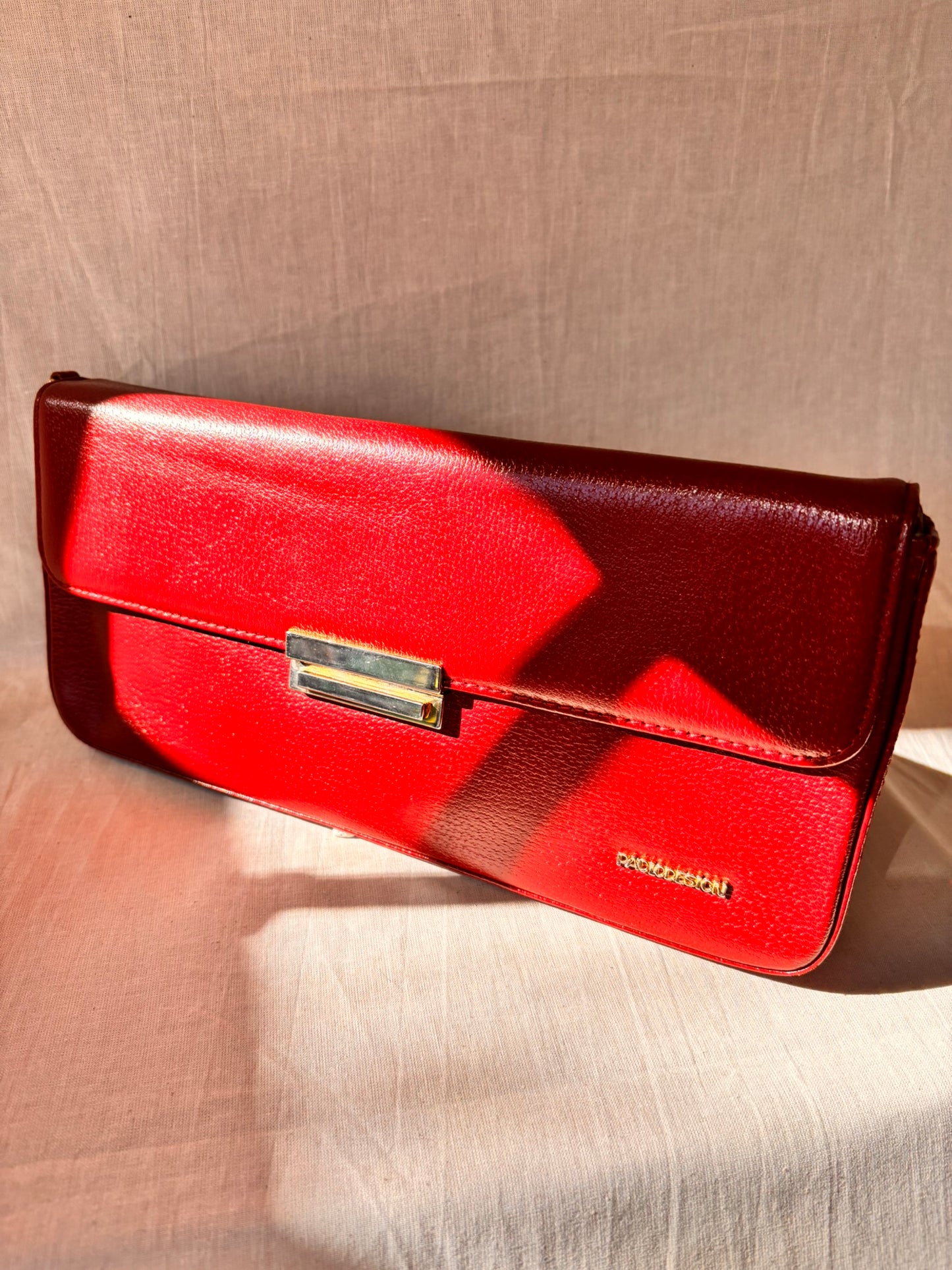 Vintage Paolo Design Spanish Leather Structured Clutch | Red Leather Evening Bag with Wrist Strap