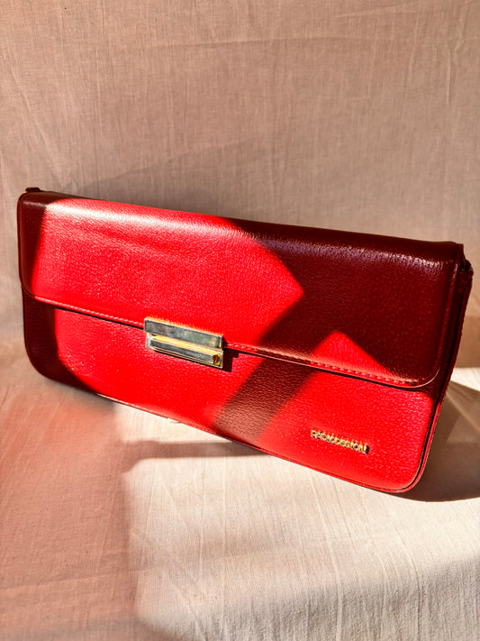 Vintage Paolo Design Spanish Leather Structured Clutch | Red Leather Evening Bag with Wrist Strap